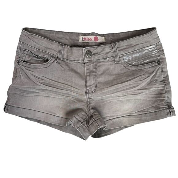1st Kiss Distressed Gray Denim Shorts Women 11 Sequins Casual Grunge Glam Summer - Picture 1 of 13